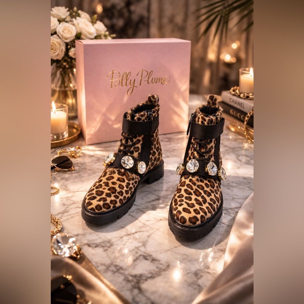 Polly Plume Leopard Haircalf Combat Boots w/ Crystal Embellishments – EU 36